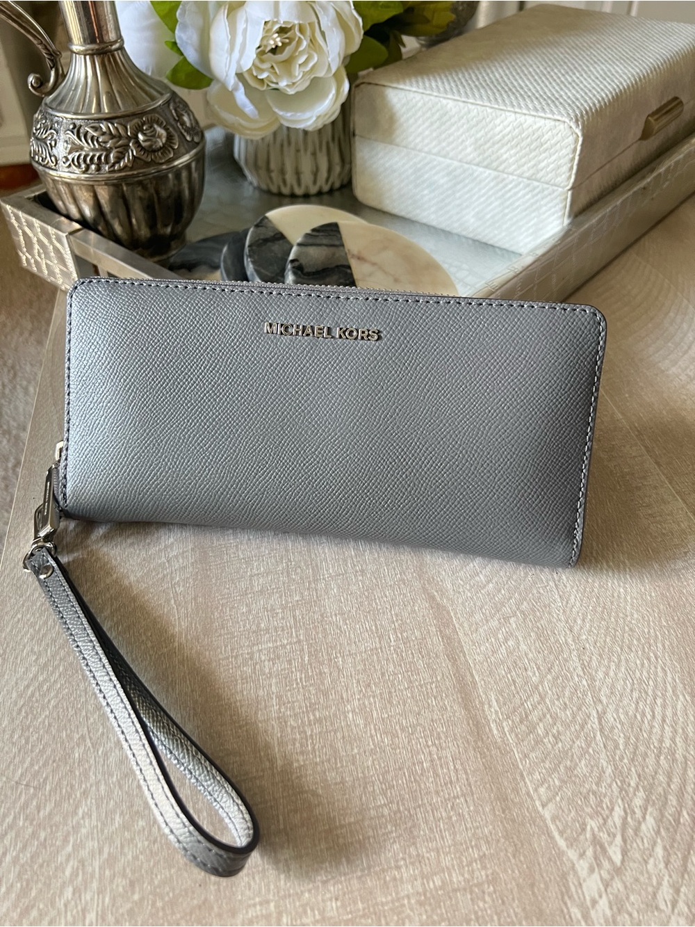 Michael Kors Gray Saffiano Zip Wristlet